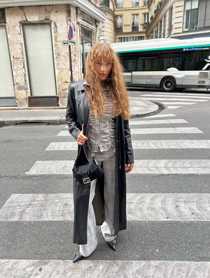 Vintage long leather jacket zip black