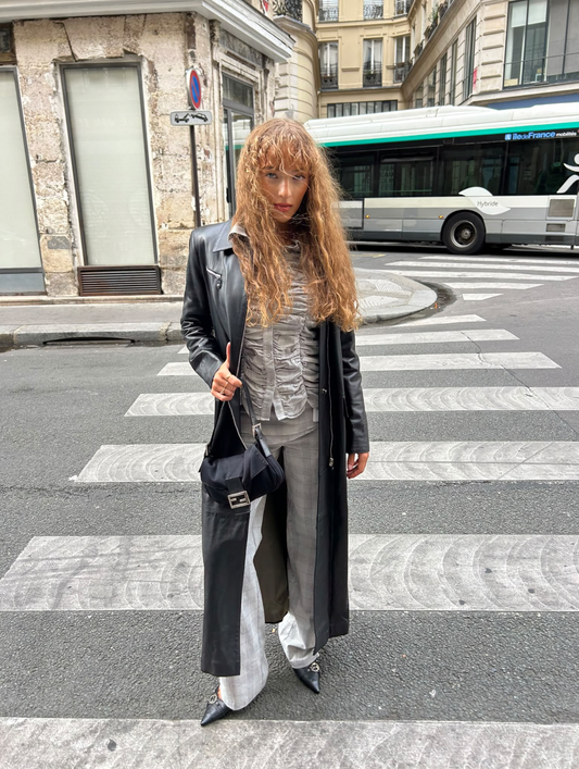 Vintage long leather jacket zip black