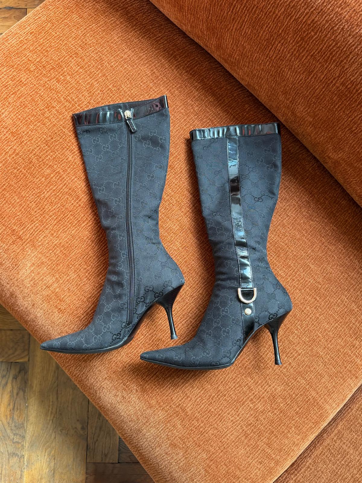Gucci pointed high boots monogram black