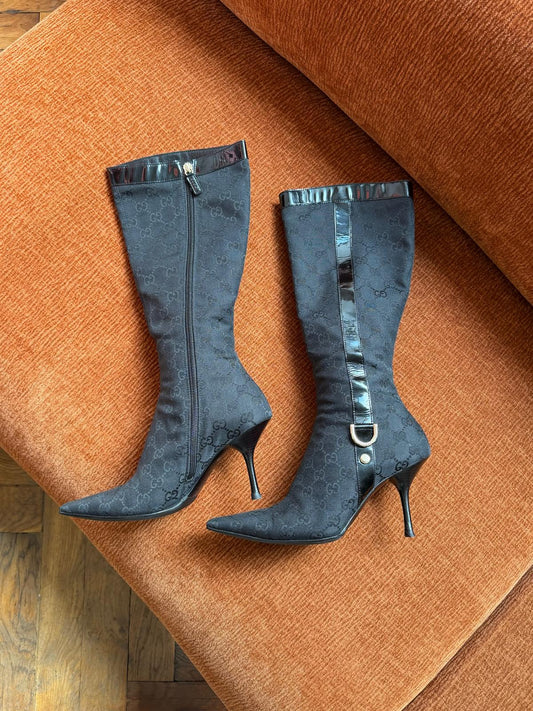 Gucci pointed high boots monogram black