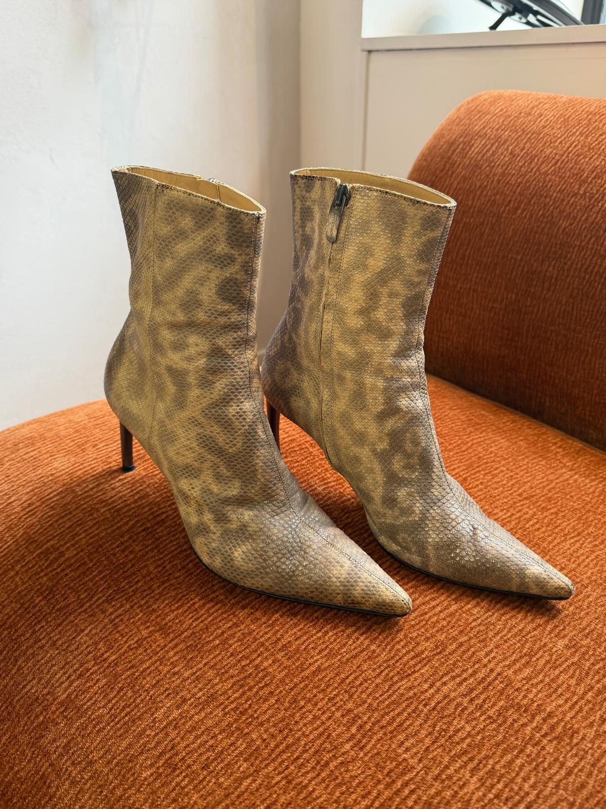 Sergio Rossi leather snake print boots beige