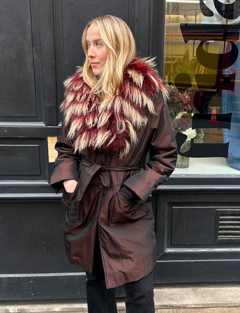 Vintage Mongolian fur coat burgundy