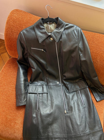 Vintage long leather jacket zip black