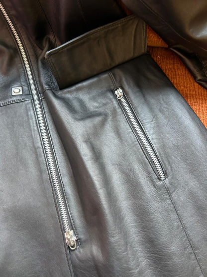 Vintage long leather jacket zip black